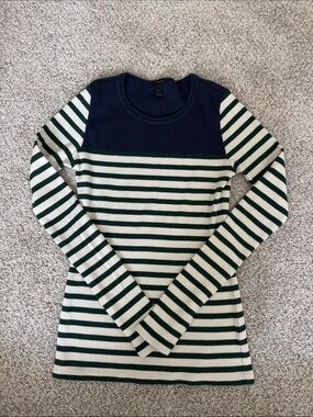 J. Crew Navy and Green Striped Long Sleeve Top